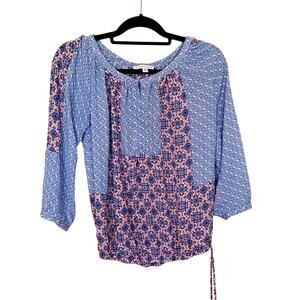 Notations Size Small S Sheer Blouse Blue Geometric Lightweight